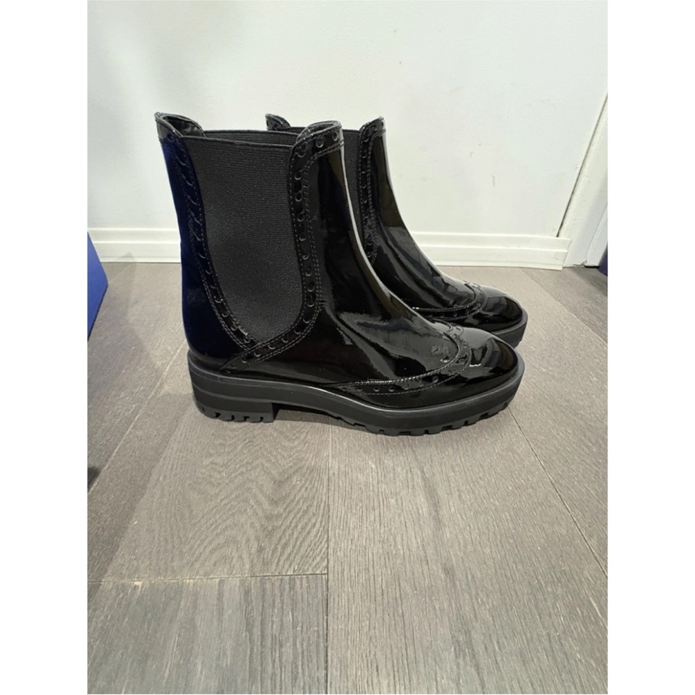 Stuart Weitzman Black Patent Chelsea Lug Sole Booties